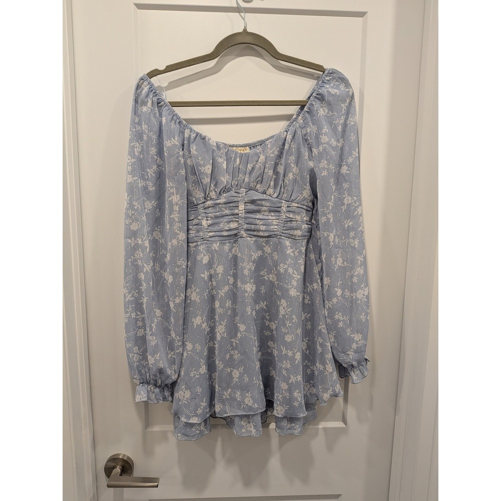 Thirty Thirty Floral Mini Dress S Blue Sparkle Sheer Sleeve Cottagecore
